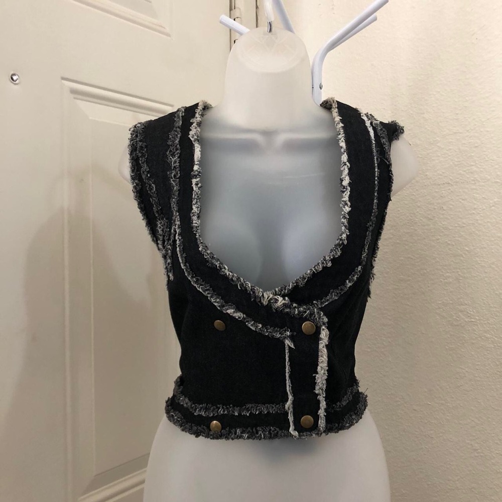 RARE Y2K Goth Grunge Punk Rock Sleeveless Denim Jean Vest Jacket Shirt Top Crop